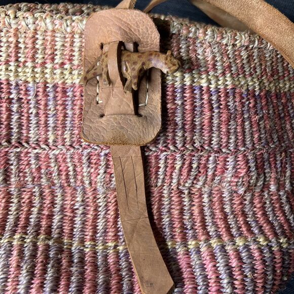 Vintage Sisal Striped Bucket Shoulder Bag Pink Adjustable Leather Strap READ - Picture 7 of 11